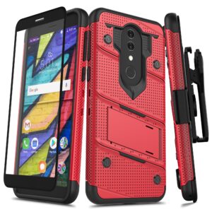 Alcatel Onyx BOLT Case w/ Built In Kickstand Holster and Full Glass Screen Protector- Red / Black(155)