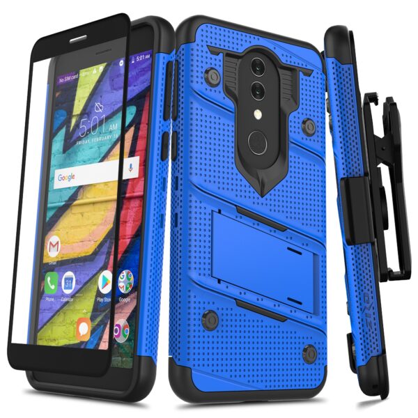 Alcatel Onyx BOLT Case w/ Built In Kickstand Holster and Full Glass Screen Protector- Blue / Black(153)