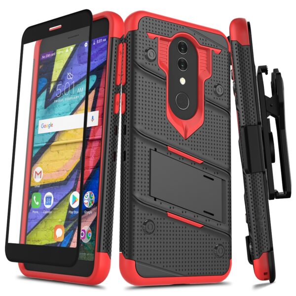 Alcatel Onyx BOLT Case w/ Built In Kickstand Holster and Full Glass Screen Protector- Black / Red(152)