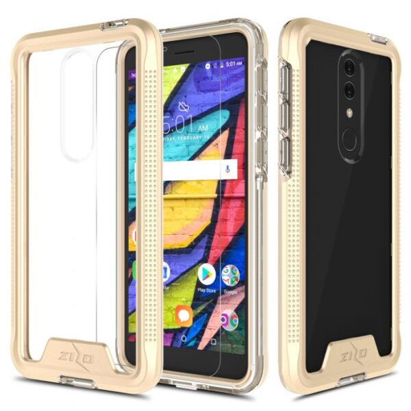 Alcatel Onyx Zizo ION Triple Layered Hybrid Case with Tempered Glass Screen Protector - Gold / Clear (762)