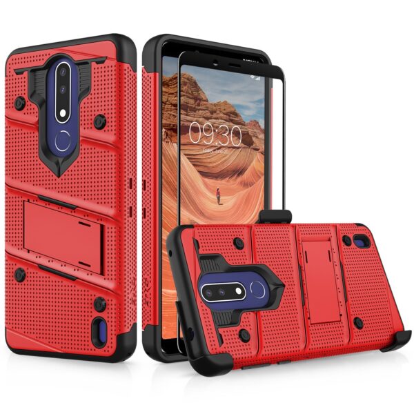 Nokia 3.1 Plus BOLT Case w/ Built In Kickstand Holster and Full Glass Screen Protector- Red / Black(199)