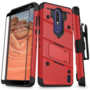 Nokia 3.1 Plus BOLT Case w/ Built In Kickstand Holster and Full Glass Screen Protector- Red / Black(199)