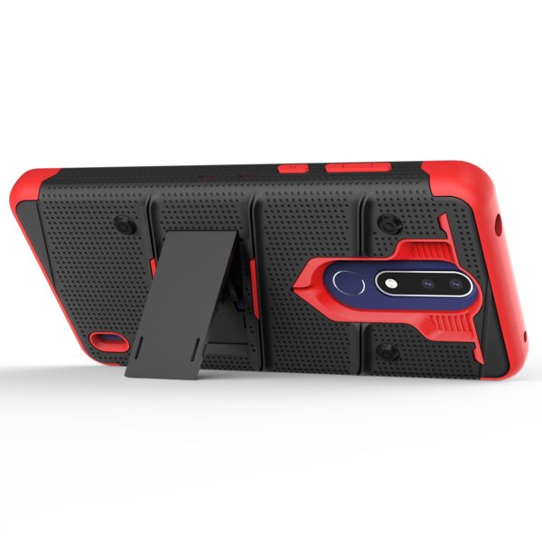 Nokia 3.1 Plus BOLT Case w/ Built In Kickstand Holster and Full Glass Screen Protector- Black / Red(198)