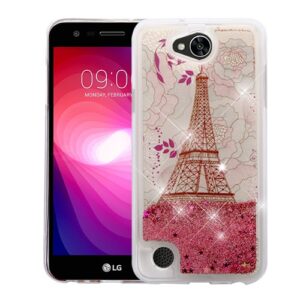 LG X Charge / Power 2 Quicksand Glitter Hybrid Protector Cover - Eiffel Tower & Rose Gold Stars (129