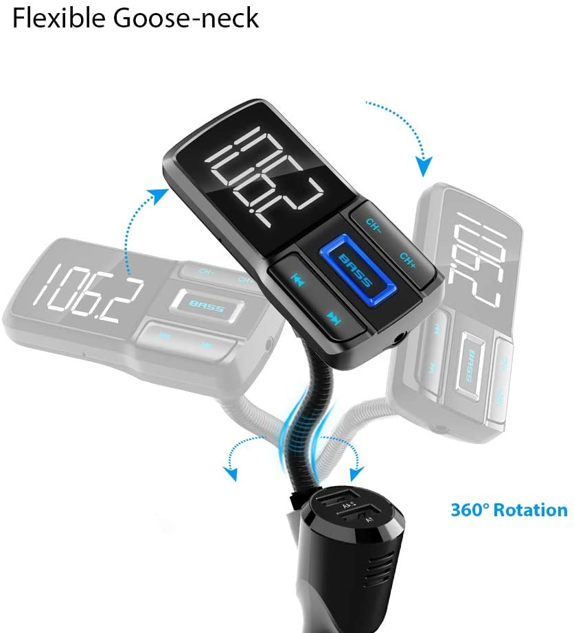 YAT Bluetooth 5.0 Car FM Transmitter, Hands-Free Car Kit, Bass Booster FM Radio Adapter, Dual USB Charging Ports (5V/2.4A & 5V/1A), Support TF Card/AUX/Bluetooth 4.2 (10160)