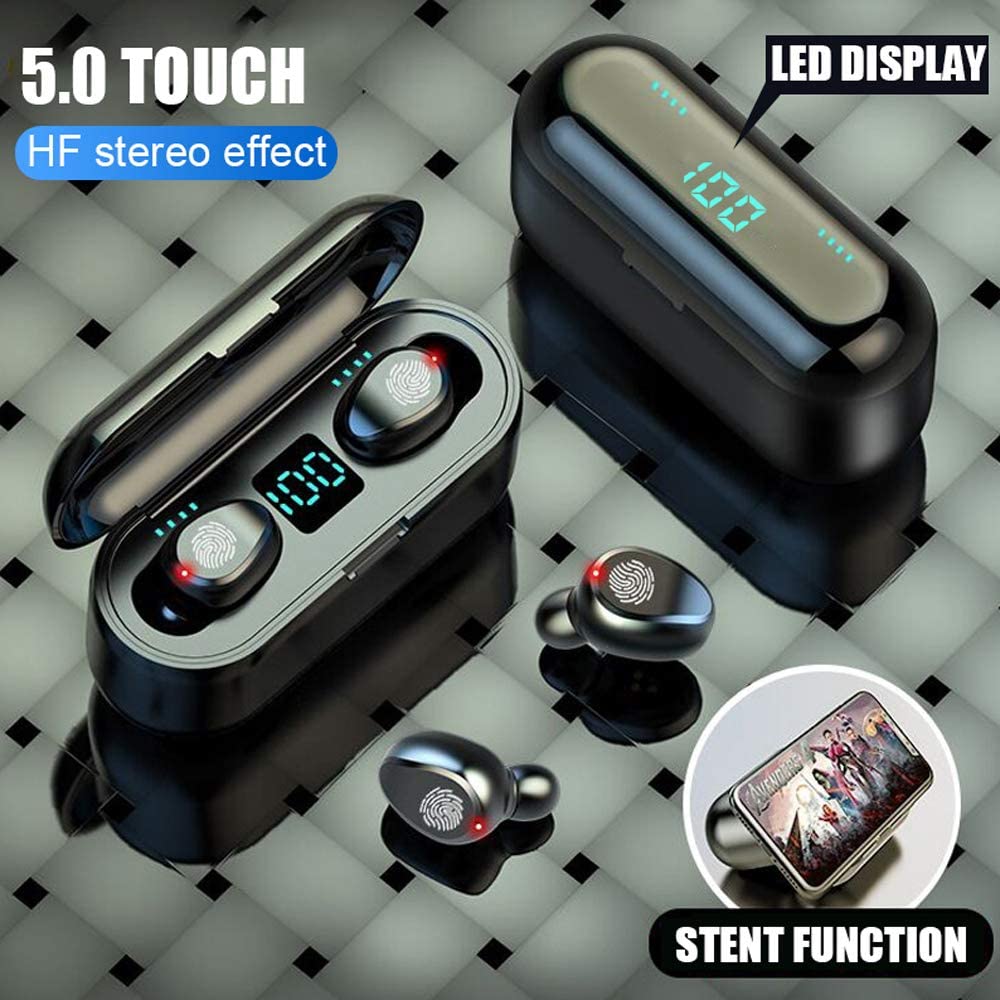 F9 Wireless LED Touch Bluetooth Earbuds for Iphone and Samsung Android Wireless Earphone and Portable Charger/Power Bank, Bluetooth 5.0 (10318)