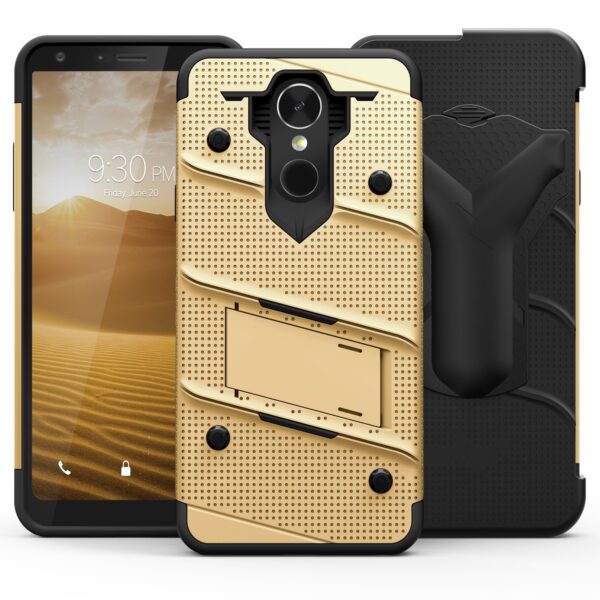 LG Stylo 4 - BOLT Cover w/ Kickstand Holster, Full Glue Glass Screen Protector, Lanyard - Gold/ Blac
