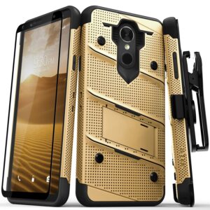 LG Stylo 4 - BOLT Cover w/ Kickstand Holster, Full Glue Glass Screen Protector, Lanyard - Gold/ Blac