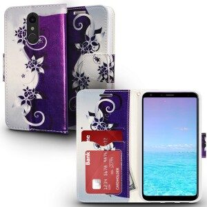 LG Stylo 4 - Design Wallet Flap Pouch w/ TPU - Purple / Silver Vines(217)