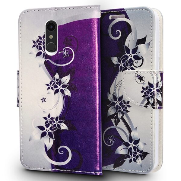 LG Stylo 4 - Design Wallet Flap Pouch w/ TPU - Purple / Silver Vines(217)