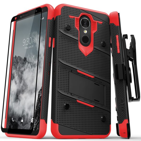 LG Harmony 2 / K10 /K30 - BOLT Cover w/ Kickstand Holster, Full Glue Glass Screen Protector, Lanyard - Black / Red (1383)