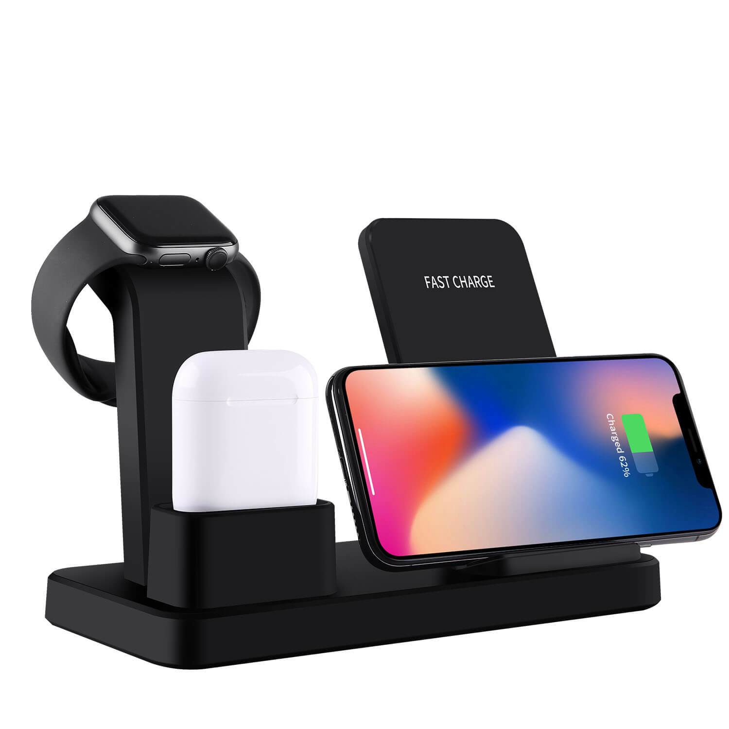 Wireless Charger Stand Black 3 in 1 Phone Qi Watch Dock 10W (Including AC Power Adapter) (110041)