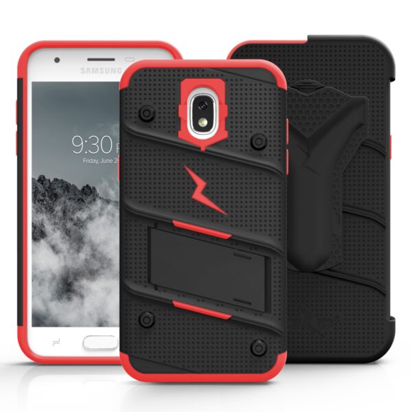 Galaxy Amp Prime 3 BOLT Cover w/ Kickstand Holster, Full Glue Glass Screen Protector, Lanyard - Black / Red(1399)