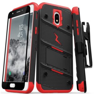 Galaxy Amp Prime 3 BOLT Cover w/ Kickstand Holster, Full Glue Glass Screen Protector, Lanyard - Black / Red(1399)