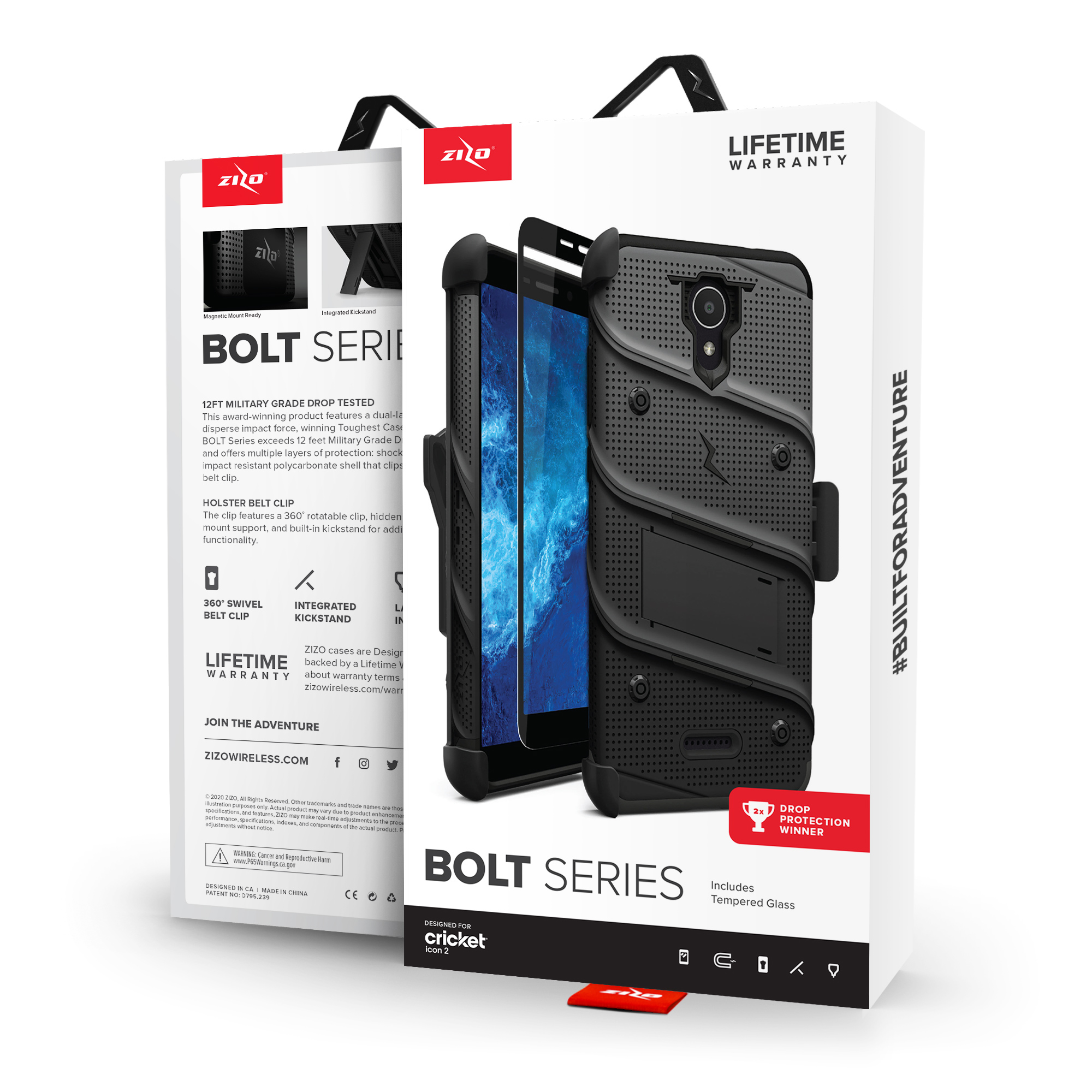 CRICKET ICON 2 ZIZO BOLT SERIES CASE WITH TEMPERED GLASS - BLACK & BLACK (11006)