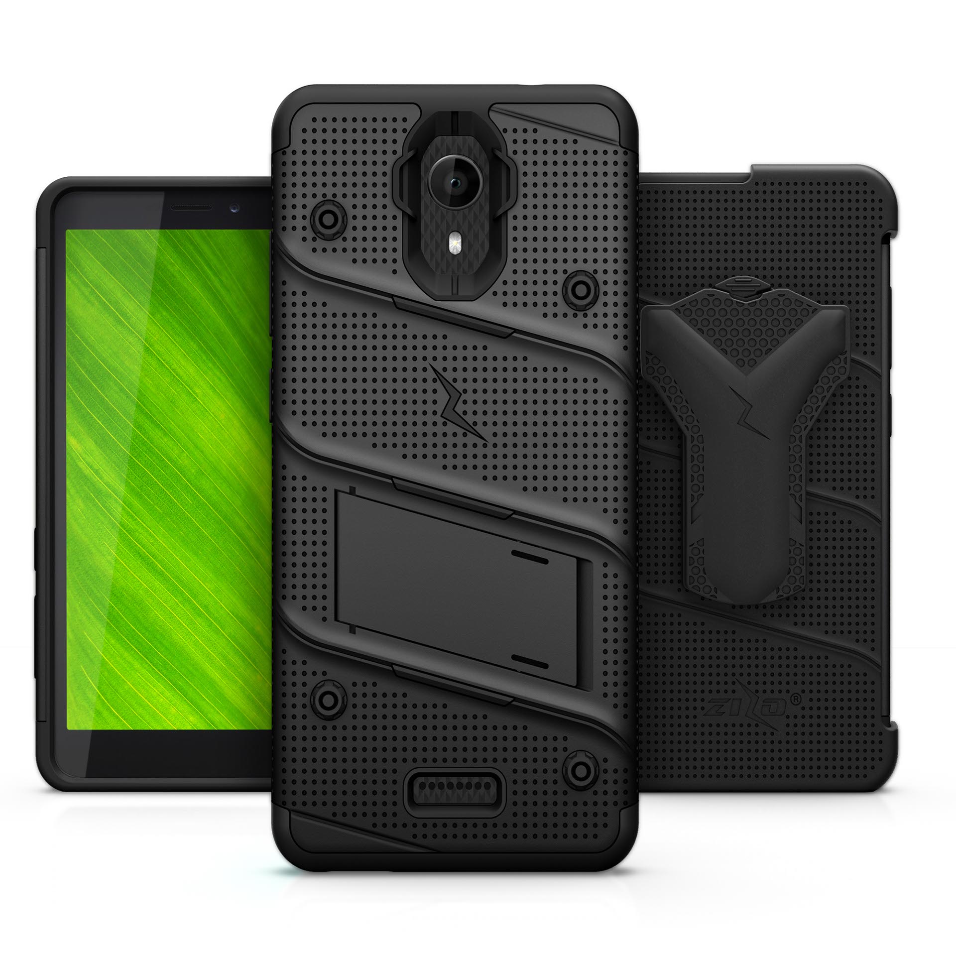 Cricket Icon Smartphone: Zizo BOLT Case with Tempered Glass: Gun Metal Black/Black (9697)