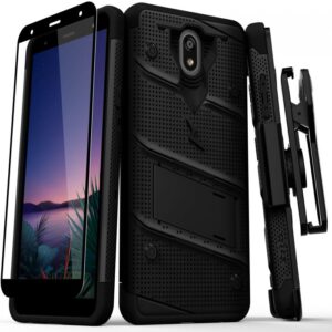 LG Escape Plus - Zizo Bolt Case w/ Built-In Kickstand Belt Holster &Tempered Glass Screen Protector - Black (128)