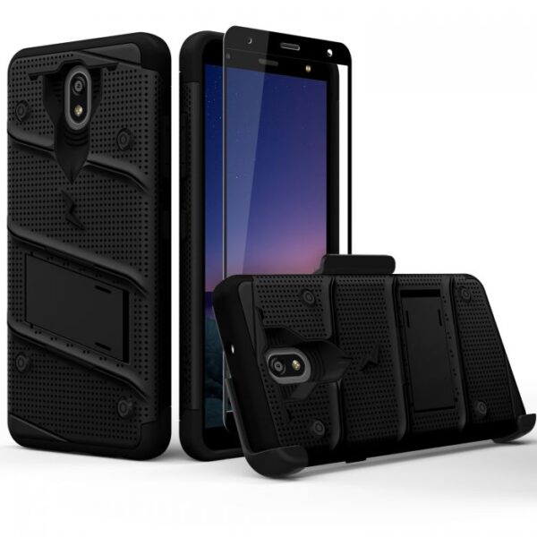 LG Escape Plus - Zizo Bolt Case w/ Built-In Kickstand Belt Holster &Tempered Glass Screen Protector - Black (128)