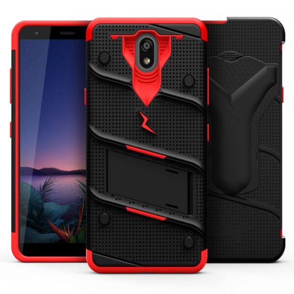 LG Escape Plus - Zizo Bolt Case w/ Built-In Kickstand Belt Holster & Tempered Glass Screen Protector - Black / Red (129)