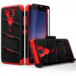 LG Escape Plus - Zizo Bolt Case w/ Built-In Kickstand Belt Holster & Tempered Glass Screen Protector - Black / Red (129)