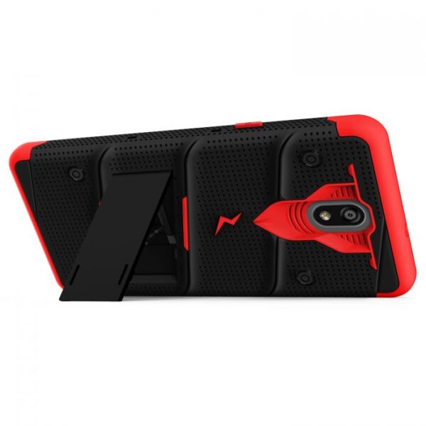 LG Escape Plus - Zizo Bolt Case w/ Built-In Kickstand Belt Holster & Tempered Glass Screen Protector - Black / Red (129)