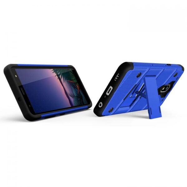 LG Escape Plus - Zizo Bolt Case w/ Built-In Kickstand Belt Holster & Tempered Glass Screen Protector - Blue / Black (130)