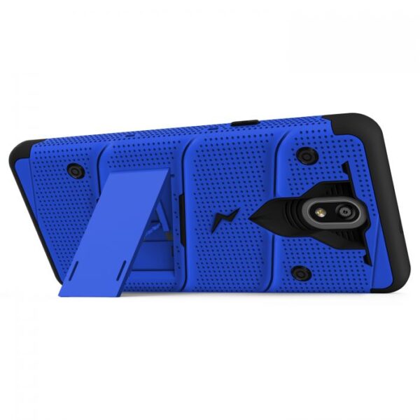 LG Escape Plus - Zizo Bolt Case w/ Built-In Kickstand Belt Holster & Tempered Glass Screen Protector - Blue / Black (130)