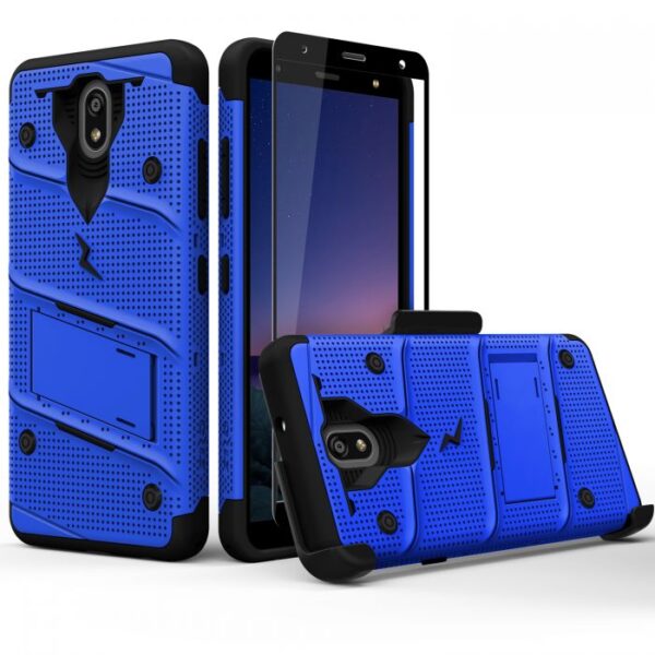 LG Escape Plus - Zizo Bolt Case w/ Built-In Kickstand Belt Holster & Tempered Glass Screen Protector - Blue / Black (130)