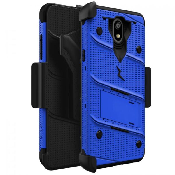 LG Escape Plus - Zizo Bolt Case w/ Built-In Kickstand Belt Holster & Tempered Glass Screen Protector - Blue / Black (130)