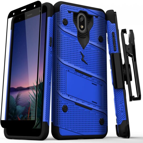 LG Escape Plus - Zizo Bolt Case w/ Built-In Kickstand Belt Holster & Tempered Glass Screen Protector - Blue / Black (130)