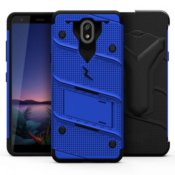 LG Escape Plus - Zizo Bolt Case w/ Built-In Kickstand Belt Holster & Tempered Glass Screen Protector - Blue / Black (130)