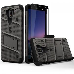 LG Escape Plus - Zizo Bolt Case w/ Built-In Kickstand Belt Holster & Tempered Glass Screen Protector - Gray / Black (131)