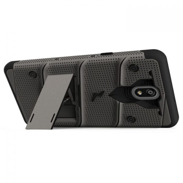 LG Escape Plus - Zizo Bolt Case w/ Built-In Kickstand Belt Holster & Tempered Glass Screen Protector - Gray / Black (131)