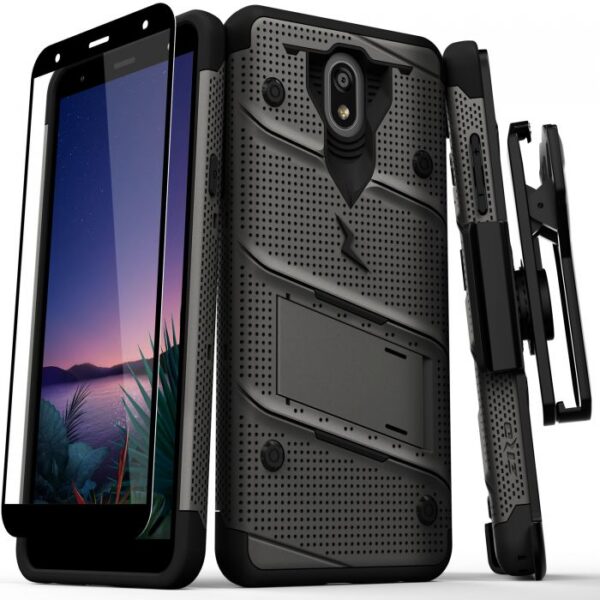 LG Escape Plus - Zizo Bolt Case w/ Built-In Kickstand Belt Holster & Tempered Glass Screen Protector - Gray / Black (131)