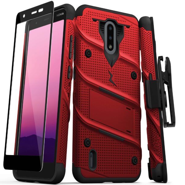 NOKIA C2 TAVA ZIZO BOLT SERIES CASE WITH TEMPERED GLASS - RED & BLACK (10107)