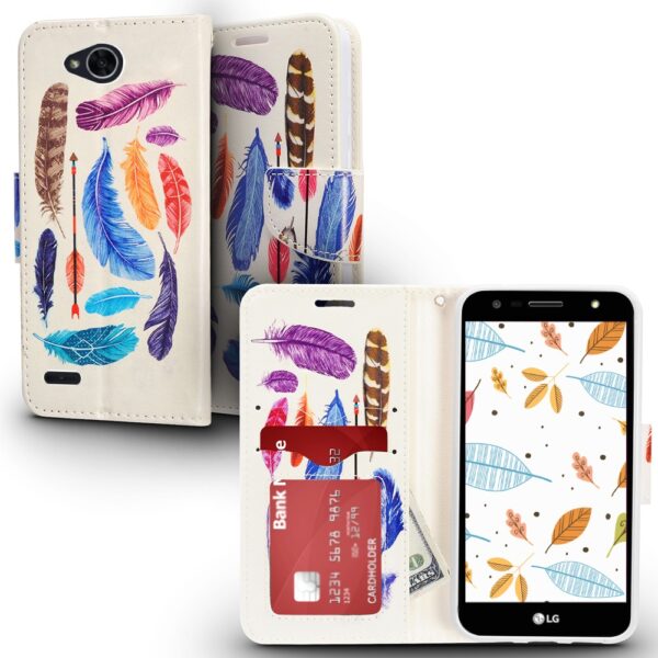 LG X Charge / Power 2 - Colorful Feathers Design Wallet Flap Pouch with TPU Inside in ZV Blister Pac