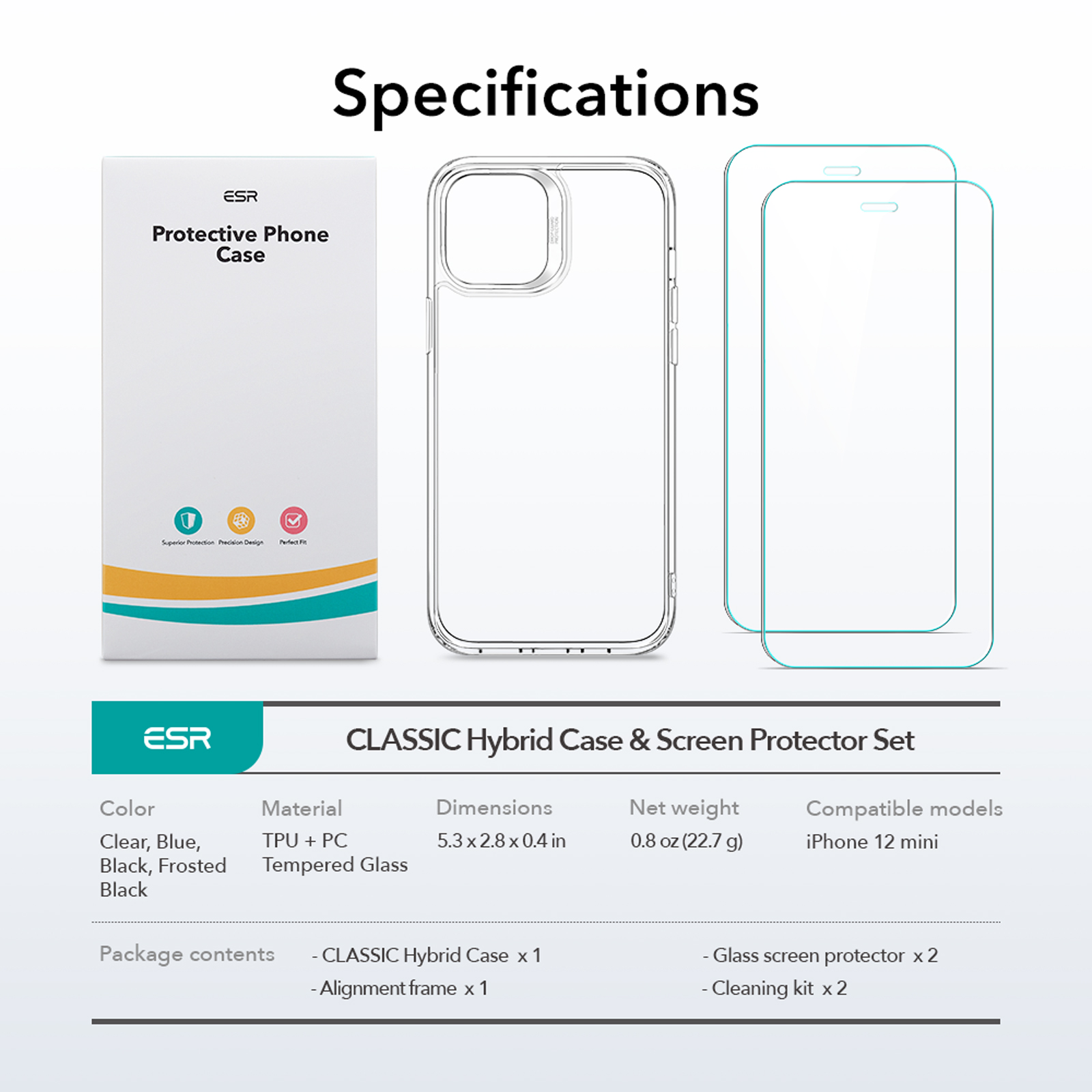 ESR Classic Hybrid - Clear Case 1 Pack + Screen Shield 2 Pack for iPhone 12 mini - Clear (110013)