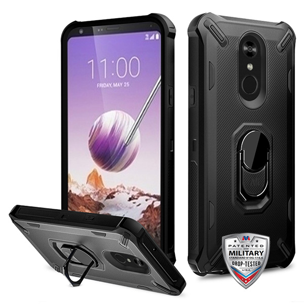 LG Stylo 5 - Mybat Ink Black/Black Brigade Hybrid Protector Cover (with Ring Stand) (9703)