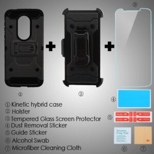 Moto E5 Supra/Plus 3-in-1 Hybrid Protector Cover w/ Black Holster & Tempered Glass - Black / Black (