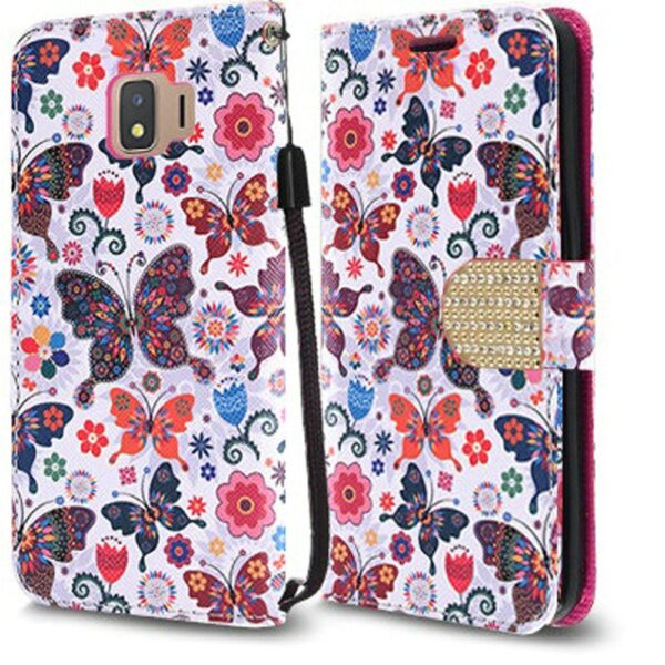 Samsung J2, J2 Pure Bling Flip Credit Card Design Wallet - Colorful Butterfly Flower Polka Dot Flora (3301)