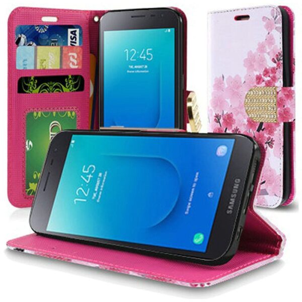Samsung J2, J2 Pure Bling Flip Credit Card Design Wallet - Sakura Cherry Blossom Exotic Floral (895)