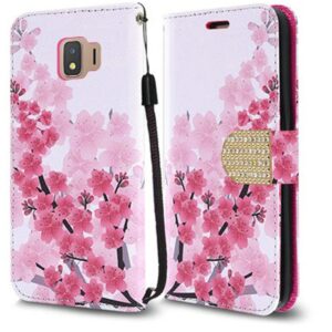 Samsung J2, J2 Pure Bling Flip Credit Card Design Wallet - Sakura Cherry Blossom Exotic Floral (895)