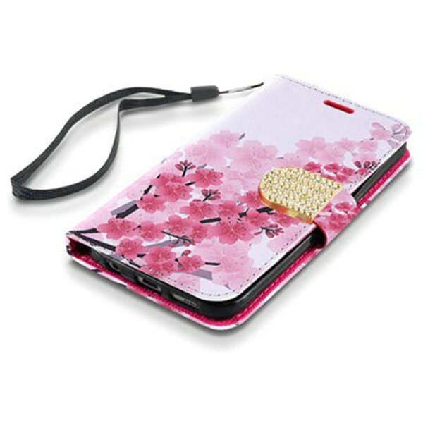 Samsung J2, J2 Pure Bling Flip Credit Card Design Wallet - Sakura Cherry Blossom Exotic Floral (895)