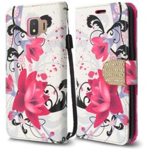 Samsung J2, J2 Pure Bling Flip Credit Card Design Wallet - Purple Lily (896)