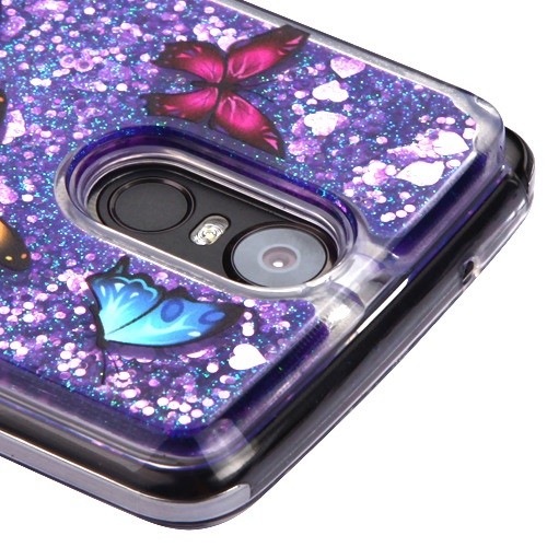 Moto E5 Supra Hybrid Protector Cover - Butterfly Dancing & Purple Quicksand (Hearts) Glitter(1294)