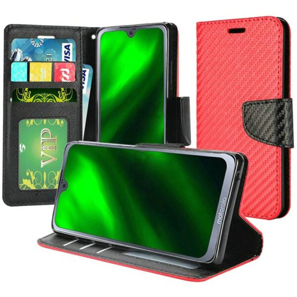 Moto G7 Power G7 Supra Wallet Flip Case Textured Carbon Fiber - Red (877)