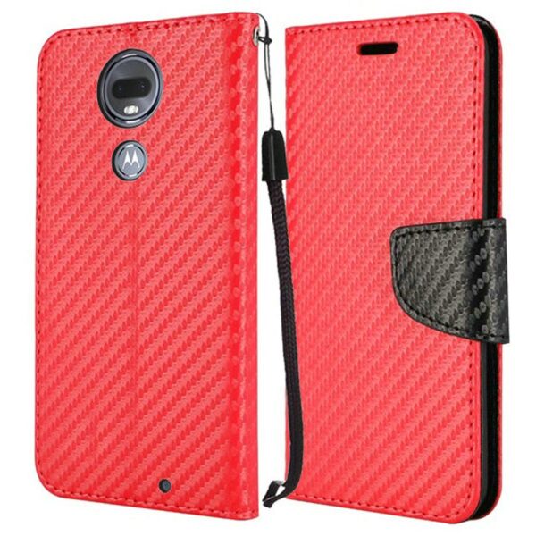 Moto G7 Power G7 Supra Wallet Flip Case Textured Carbon Fiber - Red (877)