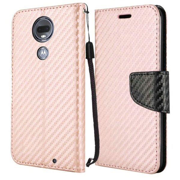 Moto G7 Power G7 Supra Wallet Flip Case Textured Carbon Fiber - Rose Gold (878)