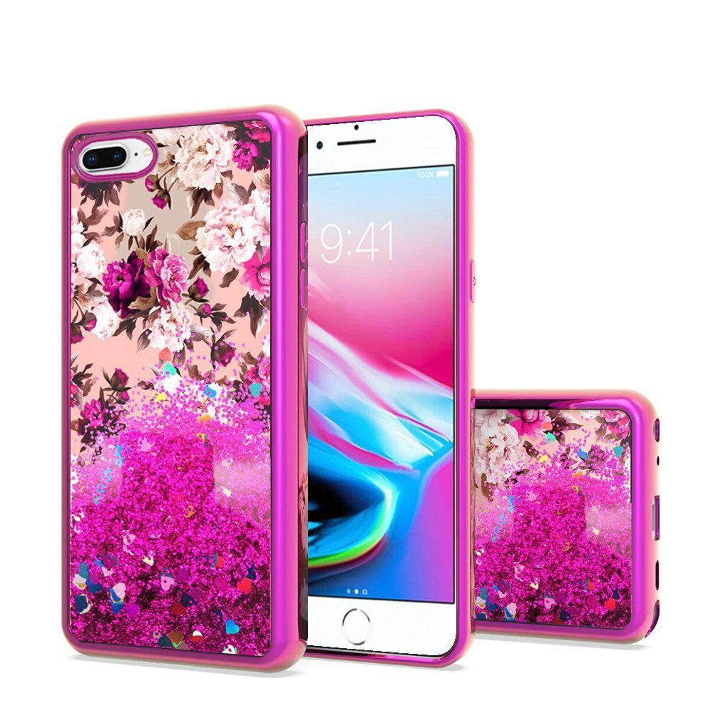 iPhone 8 Plus/7 Plus/6 Plus/6s Plus Design Water Quicksand Glitter - Rose Pink White Flower (4728)