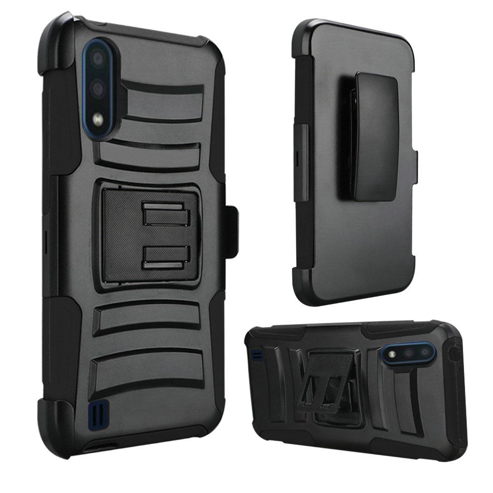 Samsung A01 Case Hybrid Side Kickstand With Holster Clip - Black+Black (9801)